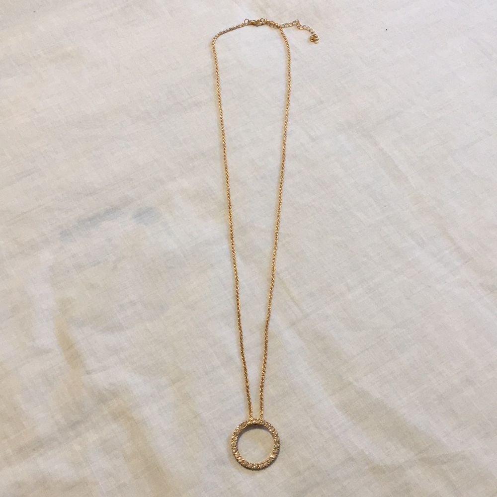 Gold long necklace with rhinestone circle pendant